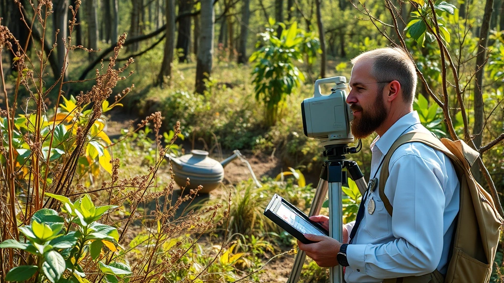 Environmental scientist conducting field assessment in diverse ecosystem with measurement instruments and biodiversity monitoring equipment, natural lighting, photorealistic