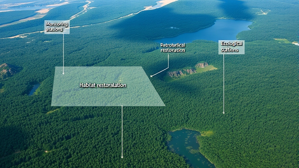 Aerial landscape view showing habitat restoration zones, monitoring stations, and ecological recovery areas with forest canopy and water features, photorealistic