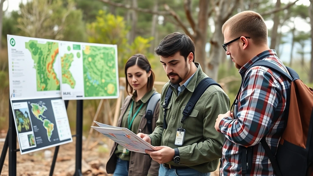Team of environmental professionals reviewing assessment data at outdoor site with ecological mapping displays and sustainability infrastructure visible in background, photorealistic