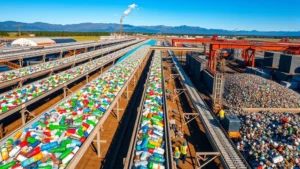 Aerial view of industrial recycling facility with conveyor belts sorting colorful plastic bottles and metal containers, workers in safety gear organizing materials into different streams, mountains and blue sky in background, demonstrating circular economy infrastructure at scale