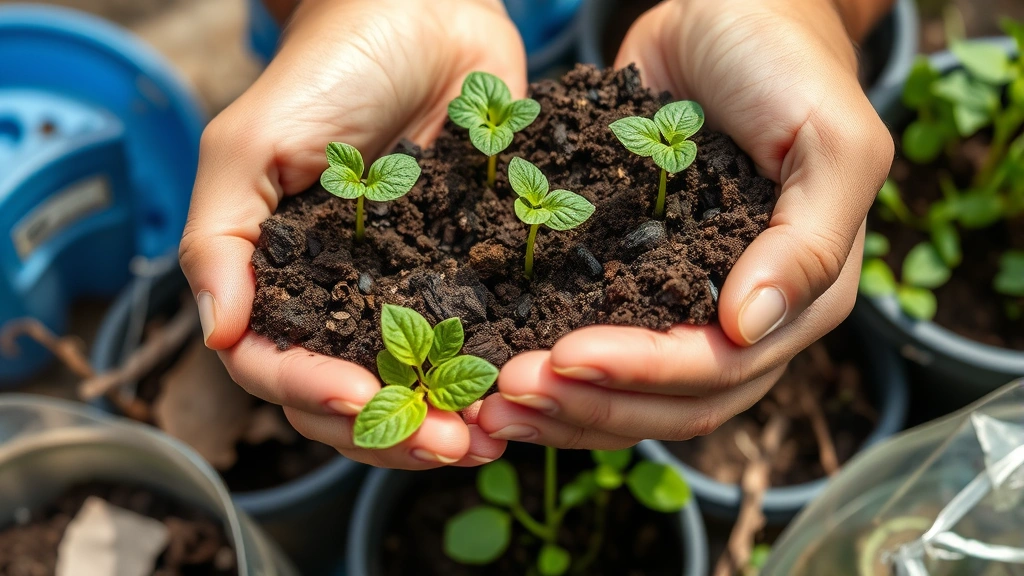 Close-up of hands holding seedlings growing from repurposed soil made from composted organic waste, surrounded by recycled plastic pots and biodegradable materials, natural daylight highlighting regenerative cycle and environmental restoration