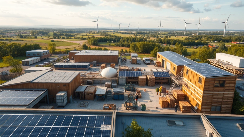 Panoramic view of sustainable manufacturing facility with solar panels on roof, workers assembling modular reusable products from reclaimed materials, wind turbines visible on horizon, showcasing integrated circular economy and renewable energy systems working harmoniously
