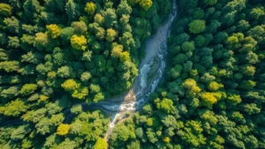 Aerial view of diverse forest canopy with winding river, sunlight filtering through leaves, pristine watershed ecosystem showing natural water cycle and biodiversity