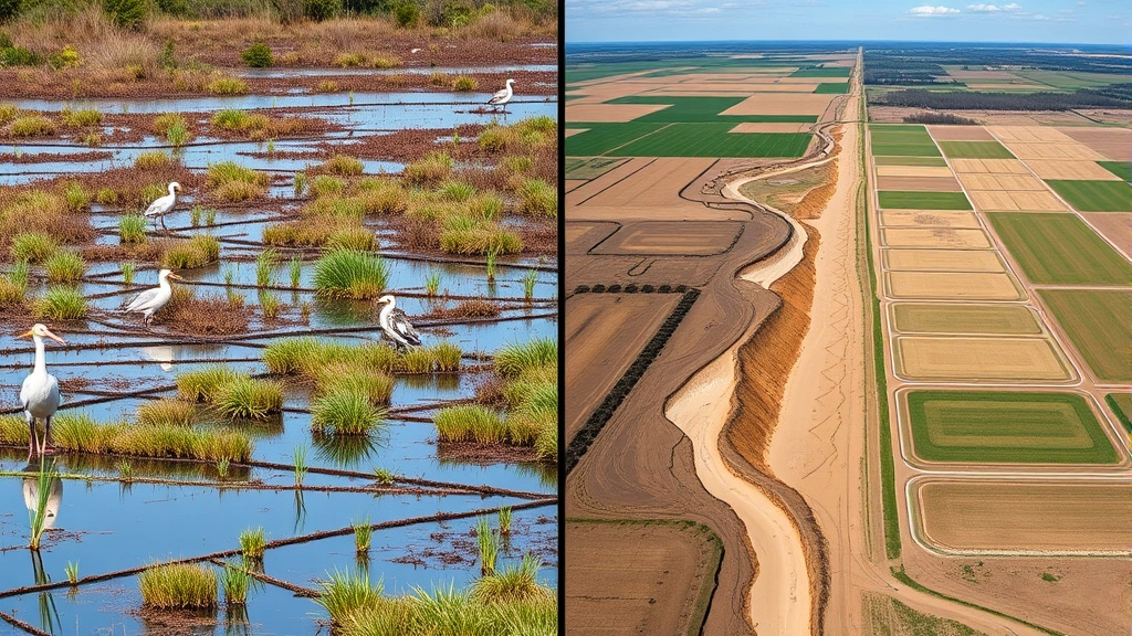 Split-screen comparison: left side shows thriving wetland with birds and vegetation, right side shows same area converted to agricultural fields with visible erosion and water depletion