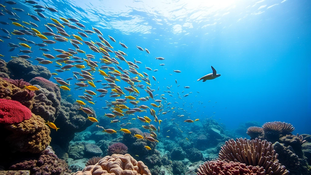 Underwater coral reef ecosystem with colorful fish schools, sea turtles, and healthy coral formations representing marine biodiversity and economic ecosystem services value