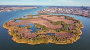 Aerial view of Sainte-Hélène Island showing wetland areas, native vegetation, and St. Lawrence River with Montreal skyline in background, demonstrating urban-ecological integration