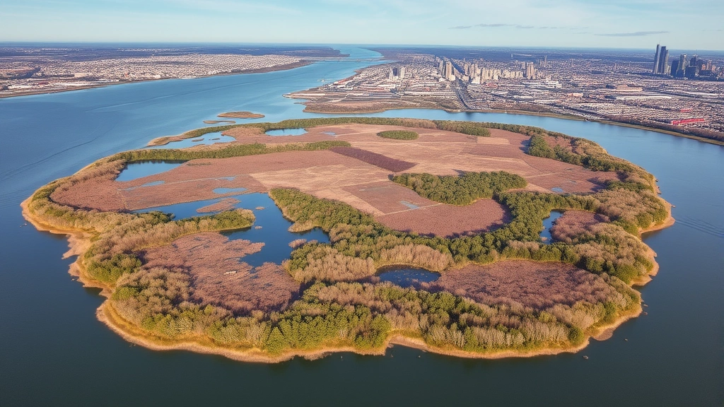 Aerial view of Sainte-Hélène Island showing wetland areas, native vegetation, and St. Lawrence River with Montreal skyline in background, demonstrating urban-ecological integration