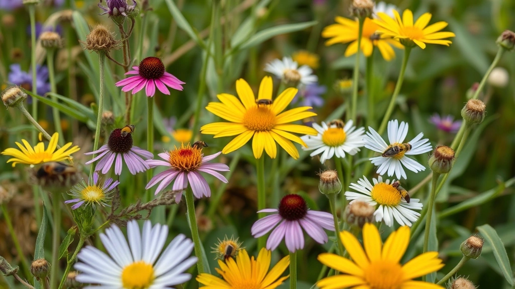 Close-up of diverse native plants and wildflowers in natural habitat with insects and pollinators, showcasing urban biodiversity and ecological restoration success
