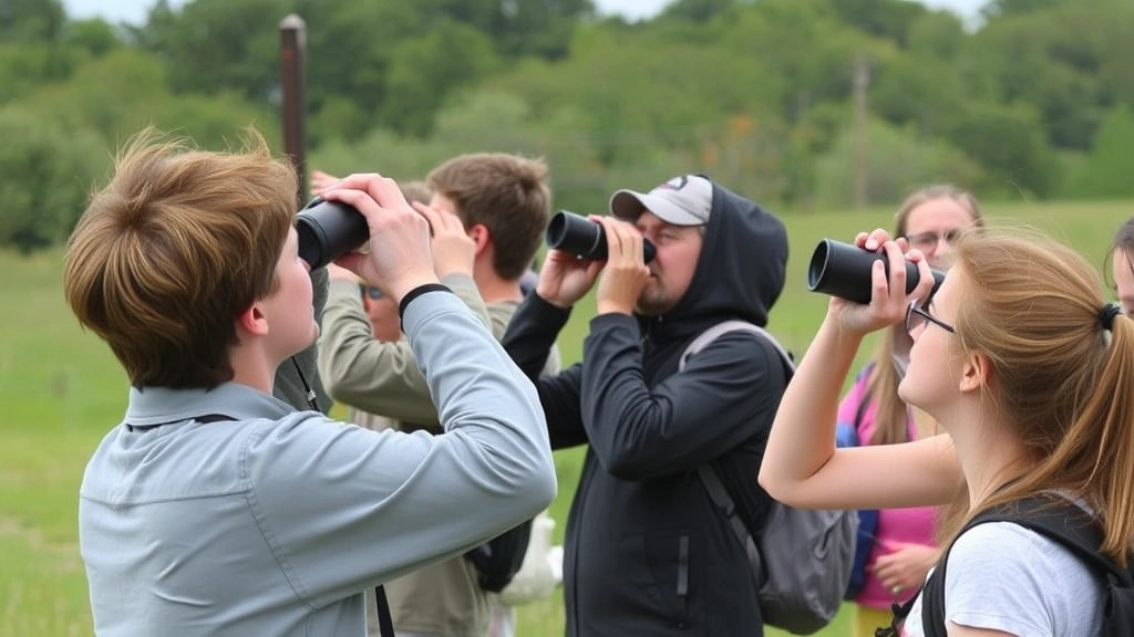 Visitors observing birds with binoculars in natural setting during migration season, demonstrating experiential environmental education and nature-based learning