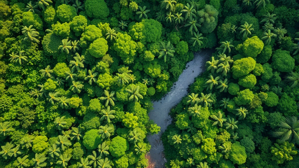 Aerial view of lush tropical forest canopy with river winding through dense green vegetation, sunlight filtering through leaves, pristine wilderness landscape showcasing natural biodiversity and ecosystem health