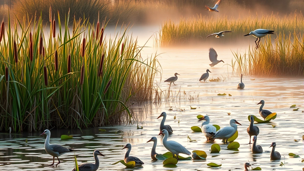 Diverse wetland ecosystem with cattails, water lilies, and migratory birds in natural habitat, showing water purification and wildlife support, morning mist over wetland with golden light