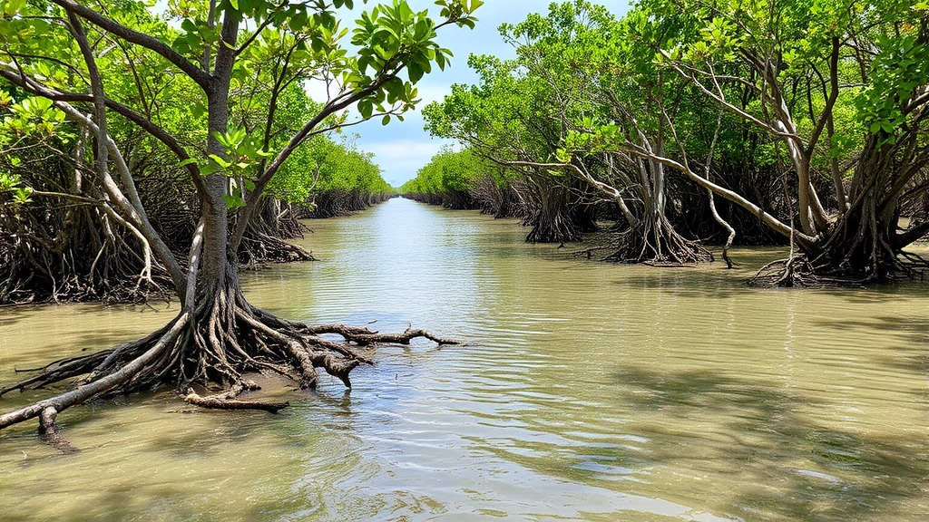 Coastal mangrove forest standing in shallow water with intricate root systems visible, providing storm protection and fisheries habitat, vibrant ecosystem with rich biodiversity and natural beauty