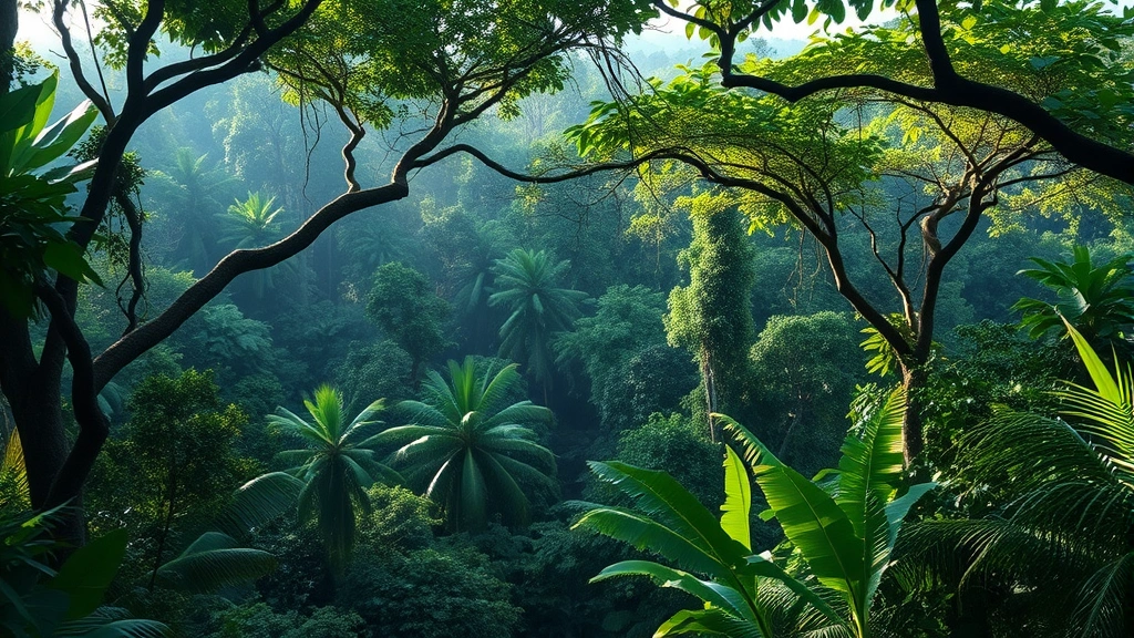 Lush tropical rainforest canopy with multiple vegetation layers, sunlight filtering through dense foliage, showing biodiversity and forest density that provided Maya trade resources like timber, copal, and medicinal plants