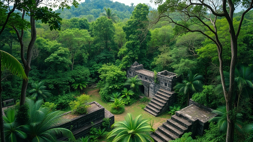 Dense Maya rainforest with ancient stone structures barely visible through overgrown vegetation and forest reclamation, demonstrating environmental succession and ecosystem recovery after settlement abandonment