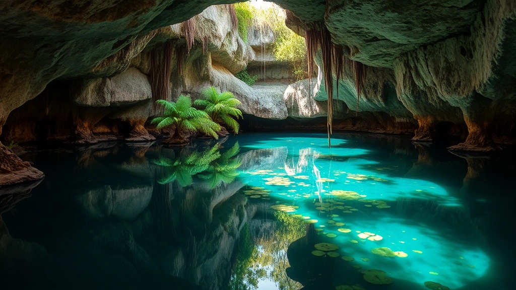 Crystal-clear cenote sinkhole surrounded by limestone formations and tropical vegetation reflected in water, showing the underground water systems that determined Maya settlement locations and economic geography