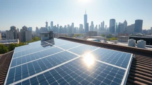 Photorealistic solar panels installed on rooftop with city skyline in background, bright sunlight illuminating panels, showing modern renewable energy infrastructure integration