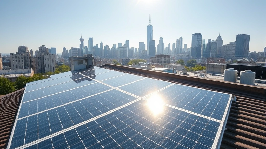 Photorealistic solar panels installed on rooftop with city skyline in background, bright sunlight illuminating panels, showing modern renewable energy infrastructure integration