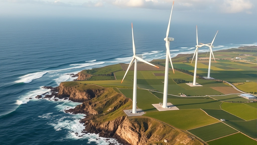 Wind turbines spinning in coastal landscape with ocean waves, green fields, and natural ecosystem thriving beneath renewable energy structures, clean energy generation