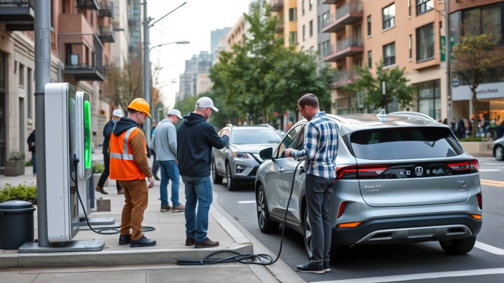 Workers installing electric vehicle charging station in urban neighborhood, diverse team collaborating, modern infrastructure development, sustainable transportation ecosystem