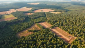 Aerial view of a sustainable timber operation with selective harvesting patterns creating mosaic forest landscape, showing both harvested and protected zones with diverse vegetation and wildlife habitat corridors in natural lighting