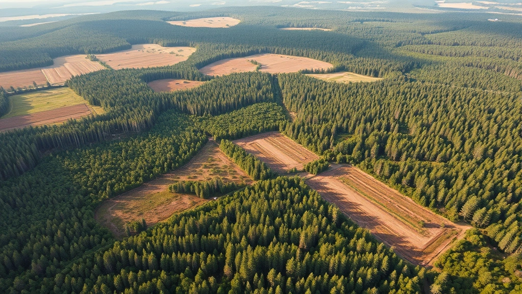 Aerial view of a sustainable timber operation with selective harvesting patterns creating mosaic forest landscape, showing both harvested and protected zones with diverse vegetation and wildlife habitat corridors in natural lighting