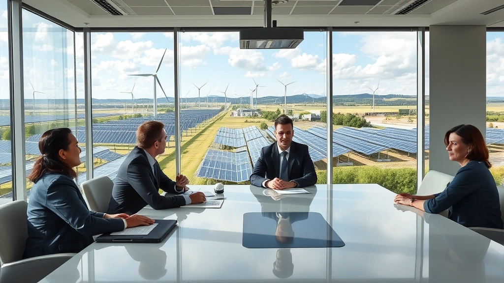 Corporate sustainability meeting room with executives reviewing renewable energy facility photographs, showing solar panels and wind turbines integrated into industrial landscape with ecosystem recovery areas visible in background