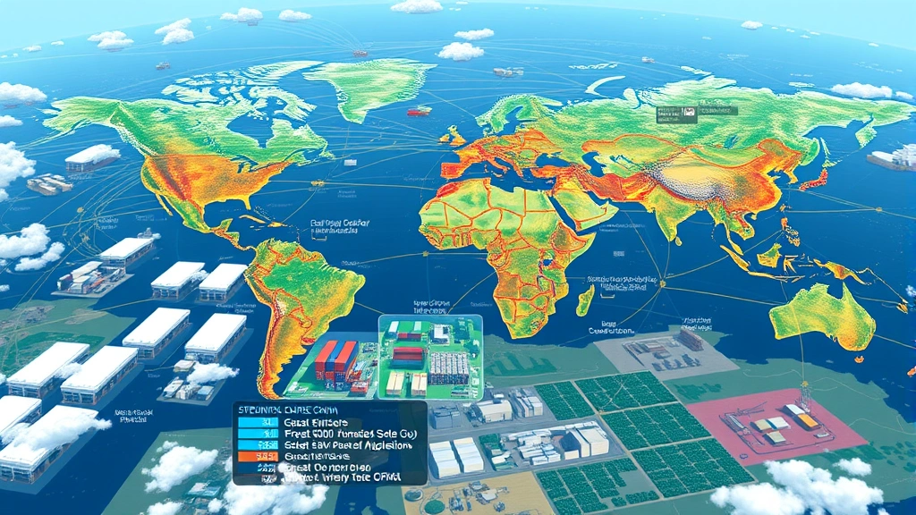 Sprawling supply chain visualization showing container ships, factories, and agricultural fields across multiple continents, with color-coded environmental impact zones representing carbon emissions, water usage, and biodiversity loss in realistic detail