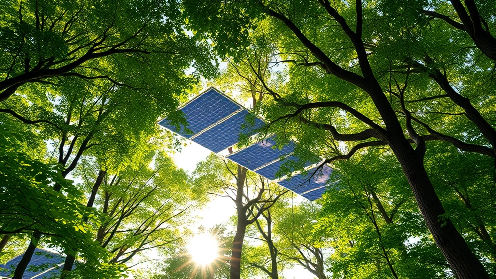 Lush green forest canopy with solar panels integrated among trees, sunlight filtering through leaves, sustainable technology harmoniously blended with natural ecosystem, photorealistic environmental integration