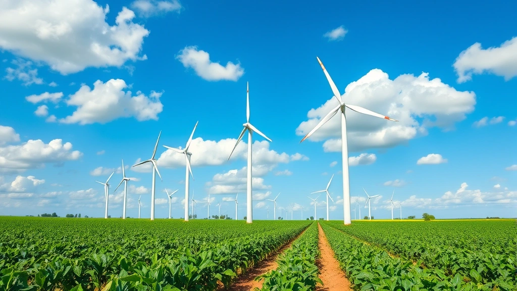 Modern wind turbines standing in agricultural fields with crops growing beneath, blue sky with white clouds, demonstrating coexistence of renewable energy infrastructure and farming productivity