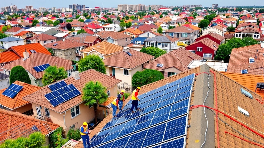 Workers installing solar panels on residential rooftops in diverse urban neighborhood, wearing safety equipment, bustling clean energy job site with multiple installation crews visible, daytime natural lighting