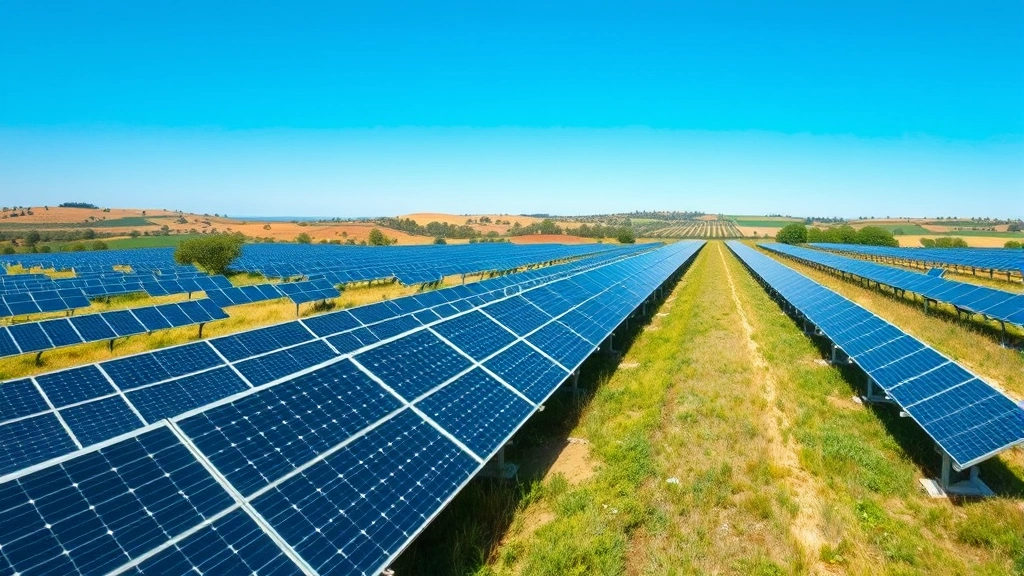 Photorealistic wide-angle view of modern solar panel farm in rolling countryside with blue sky, clean energy infrastructure landscape, no text or labels
