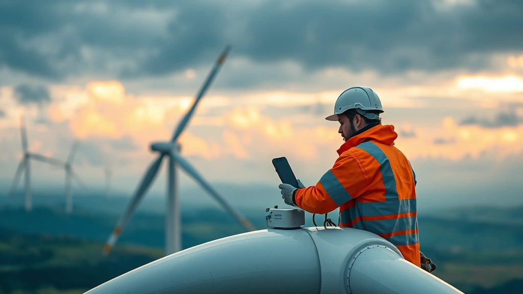 Photorealistic image of wind turbine technician working on renewable energy installation against cloudy sky, skilled worker in green energy sector, environmental technology