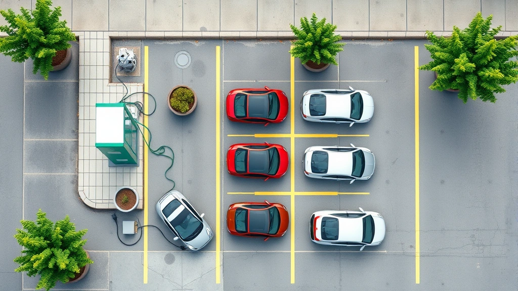 Photorealistic overhead view of electric vehicle charging station parking lot with multiple vehicles, modern sustainable transportation infrastructure, economic green technology adoption