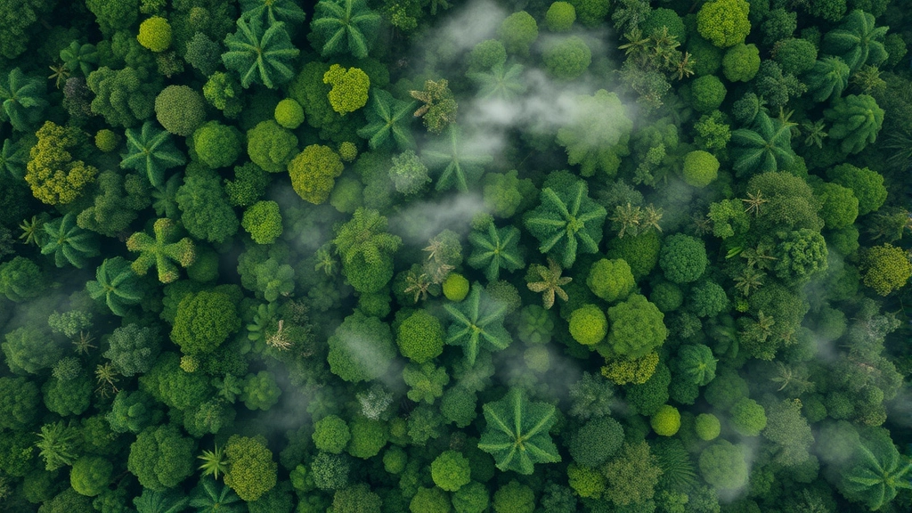 Aerial view of lush tropical rainforest canopy with diverse tree species, mist rising from dense vegetation, representing carbon sequestration and biodiversity value