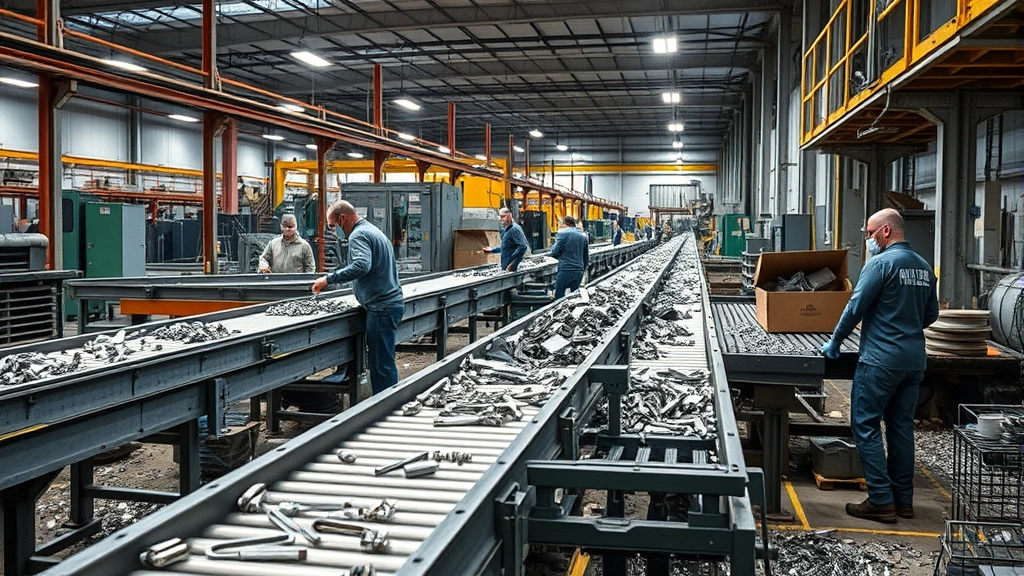 Industrial facility with conveyor belts processing recycled metals and materials, workers sorting components under bright factory lighting, metal shavings and recycled parts visible, modern sustainable manufacturing environment