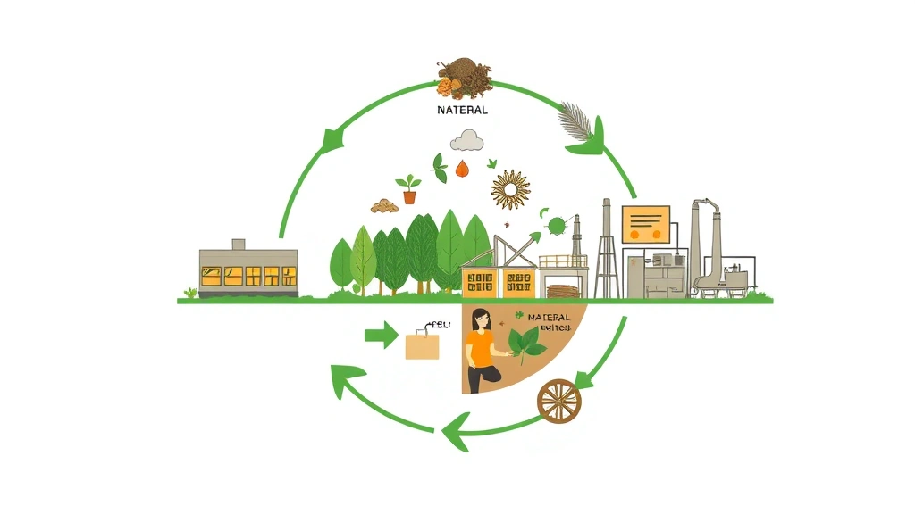 Cross-section of circular economy loop showing product lifecycle from manufacturing through consumer use to material recovery facility, with natural materials and industrial equipment integrated, demonstrating continuous material cycling