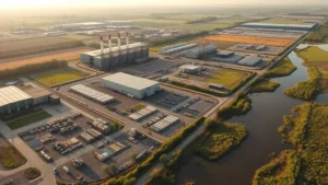 Aerial view of industrial facility with integrated green spaces and recycling operations, showing material recovery infrastructure alongside restored natural wetlands, photorealistic morning light