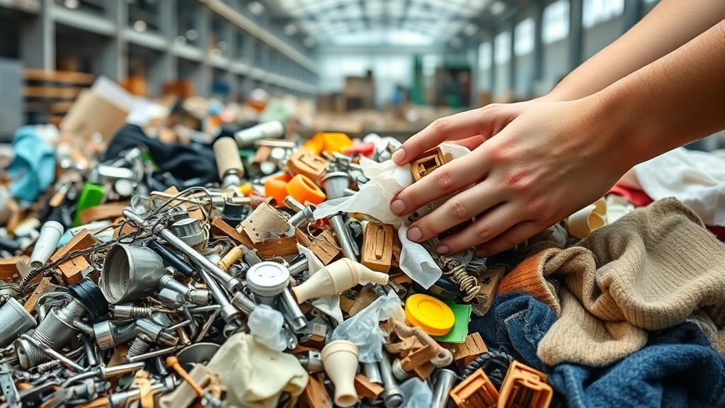 Close-up of hands sorting recovered materials in modern recycling facility, showing separated metals, plastics, and textiles ready for reprocessing, bright natural lighting highlighting material textures