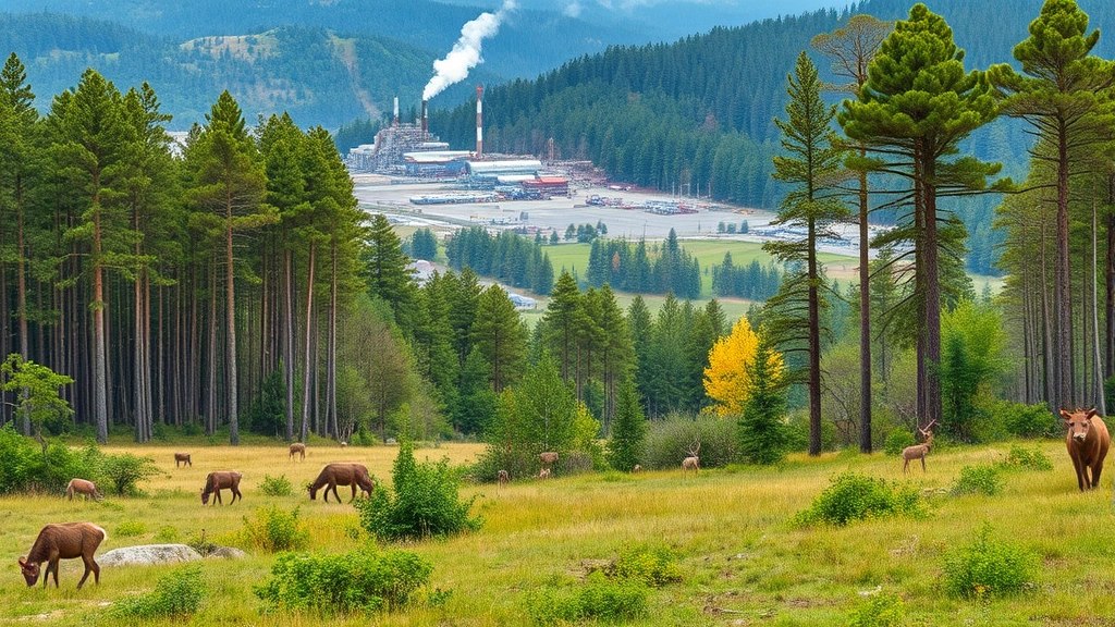 Landscape showing regenerating forest ecosystem with diverse wildlife returning, contrasting with managed circular economy industrial area in background, demonstrating coexistence of economic activity and nature restoration