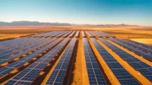 Photorealistic aerial view of large-scale solar panel farm stretching across arid landscape with mountains in distant background, golden sunlight illuminating panels, clear blue sky, no text or labels visible