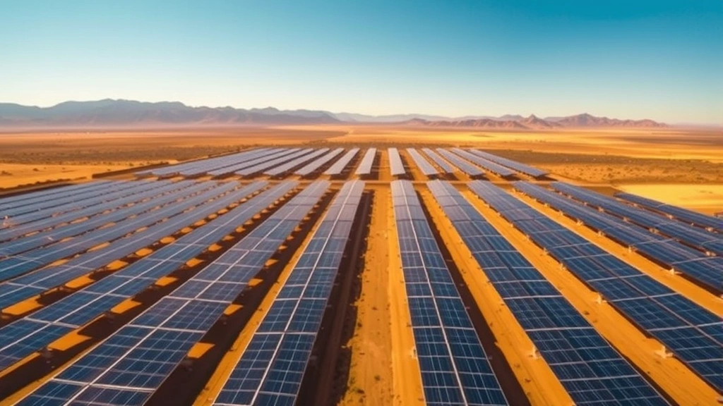 Photorealistic aerial view of large-scale solar panel farm stretching across arid landscape with mountains in distant background, golden sunlight illuminating panels, clear blue sky, no text or labels visible