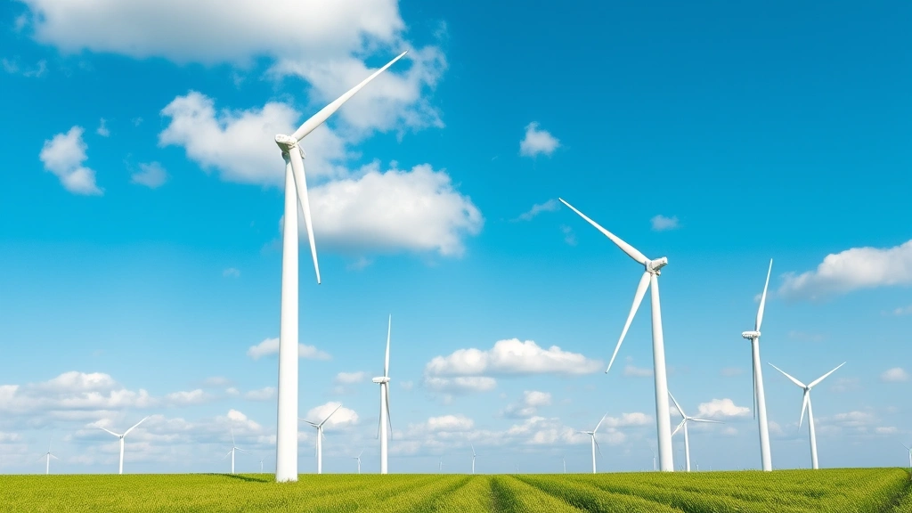 Photorealistic image of modern wind turbines standing in open field with lush green grass, blue sky with white clouds, natural lighting emphasizing clean energy infrastructure, no charts or text overlays