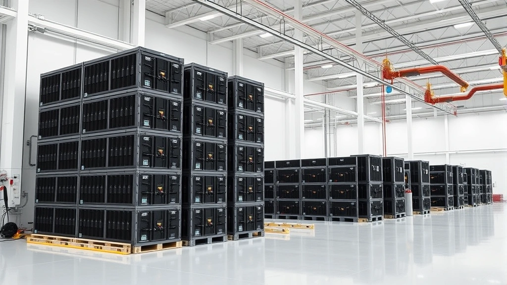 Photorealistic photograph of industrial battery storage facility with stacked lithium-ion battery modules in modern warehouse setting, clean white walls, organized rows of equipment, professional lighting, no visible text or diagrams