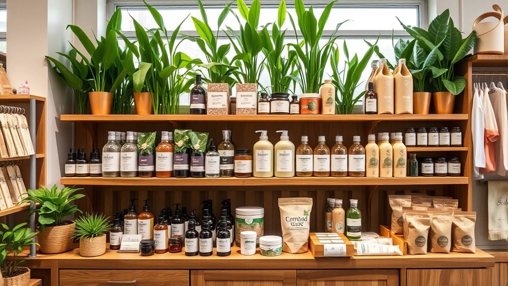 Sustainable product display in eco-friendly retail store showing organic goods, natural skincare, and reusable items arranged on wooden shelves with living green plants in background