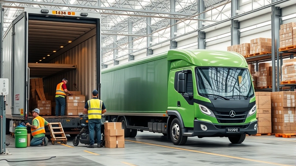 Green supply chain logistics center with electric delivery vehicles being loaded, workers in safety gear handling sustainable packaging materials, modern warehouse infrastructure visible