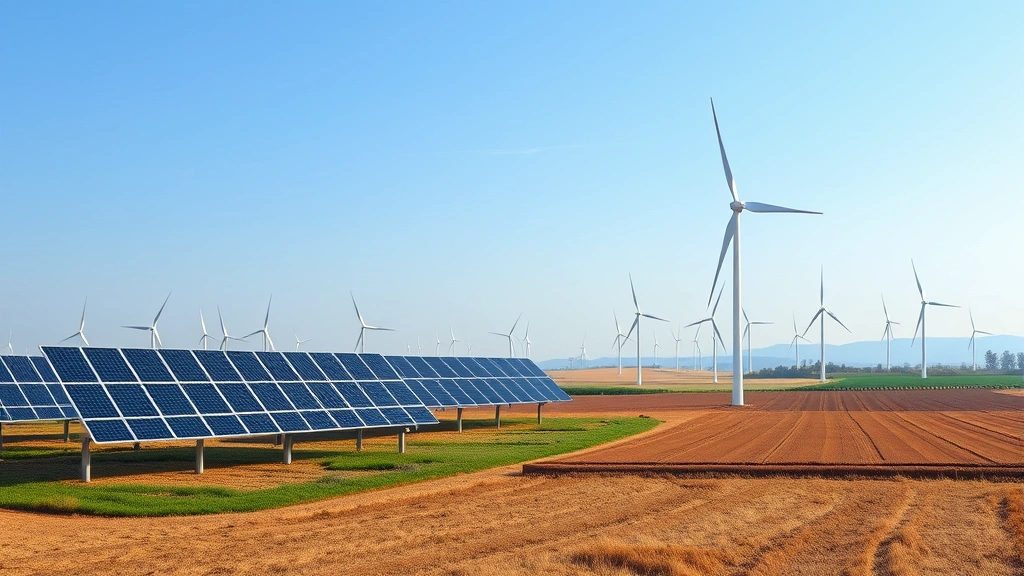 Photorealistic landscape showing utility-scale solar panels and wind turbines integrated into agricultural fields, with blue sky and natural terrain, no text or labels