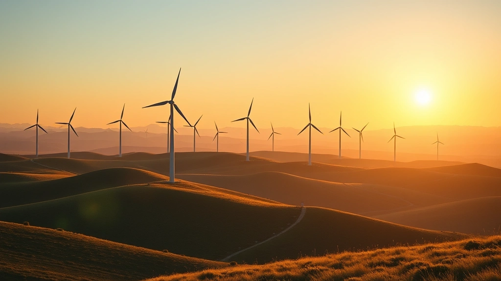 Photorealistic image of modern wind farm with multiple turbines across rolling hills during golden hour light, natural landscape, no diagrams or text