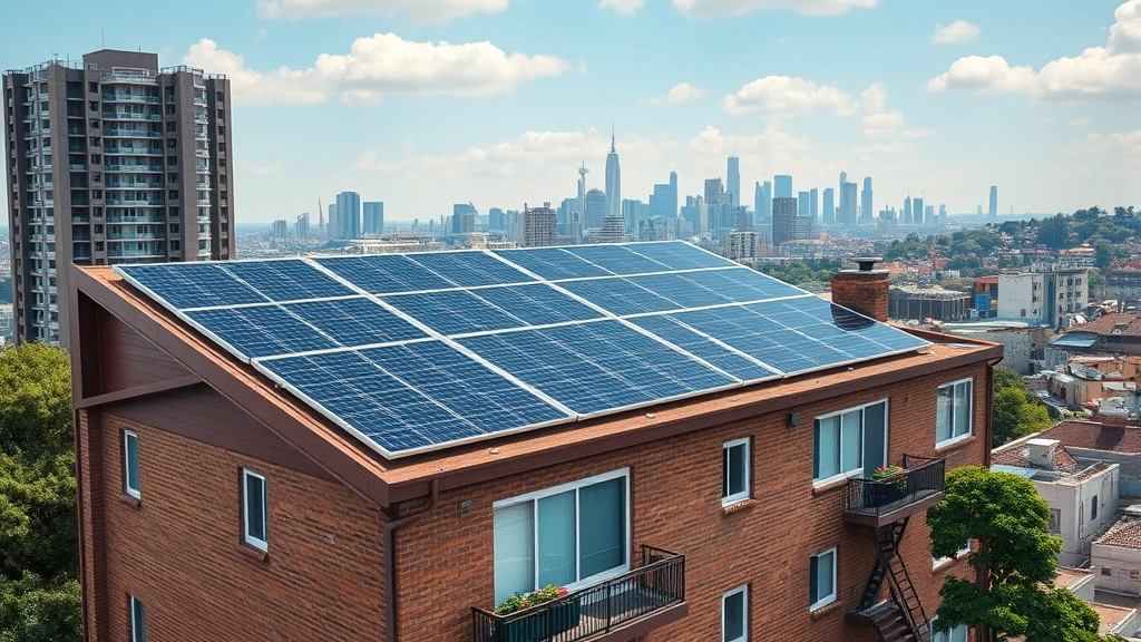 Photorealistic rooftop solar panel installation on urban residential building with city skyline in background, showing integration of renewable energy in metropolitan area, no text