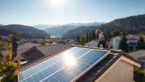 Solar panel installation on residential rooftop with installer working, mountains and forest in background, bright sunlight, modern suburban neighborhood