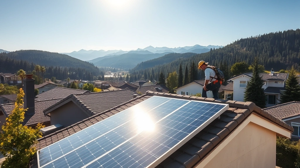 Solar panel installation on residential rooftop with installer working, mountains and forest in background, bright sunlight, modern suburban neighborhood